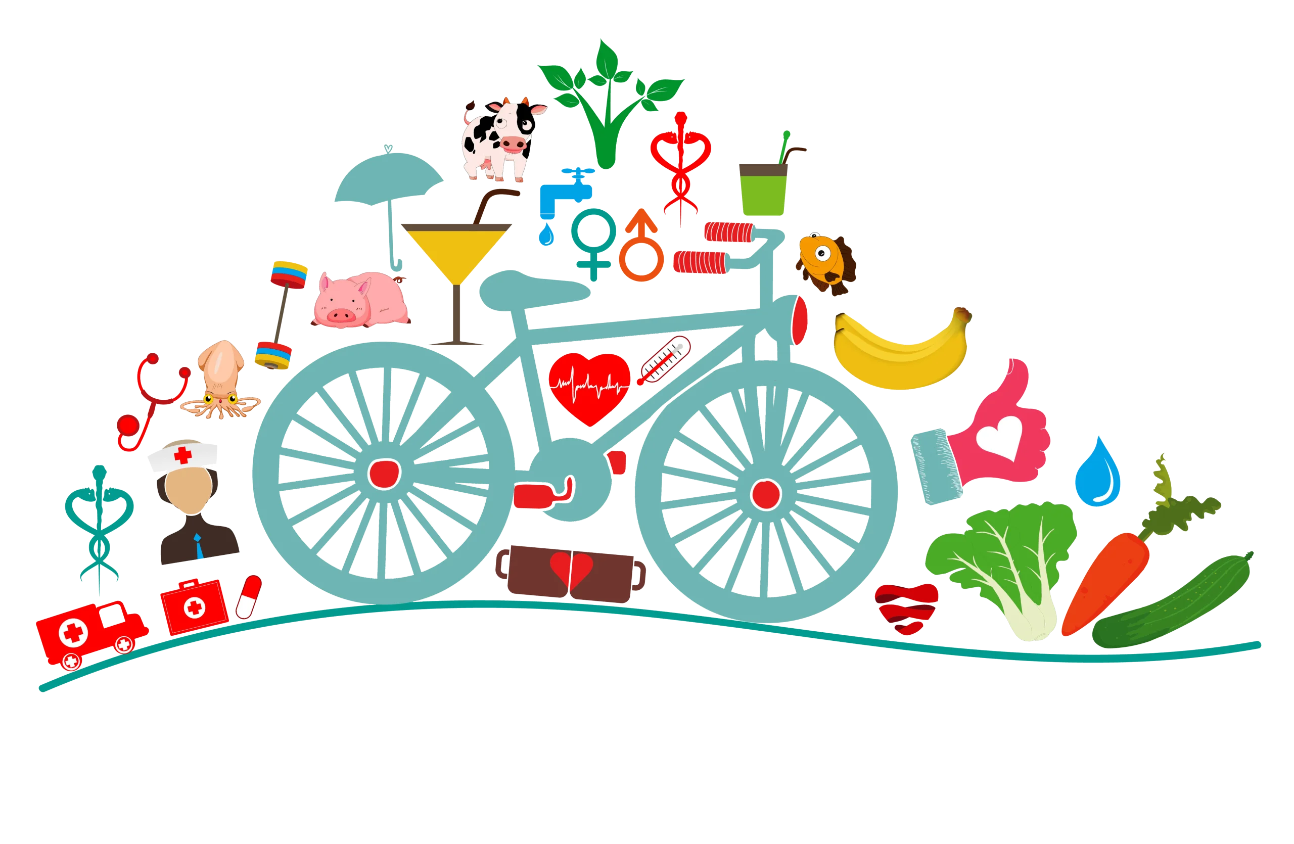Healthy Lifestyle Clipart: Bicycle Surrounded by Nutrition and Wellness Icons