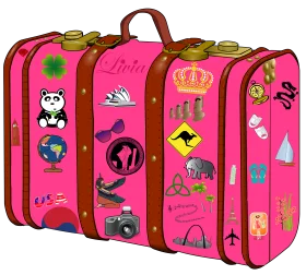 Adventurous Pink Travel Suitcase Clipart with Global Destination Stickers