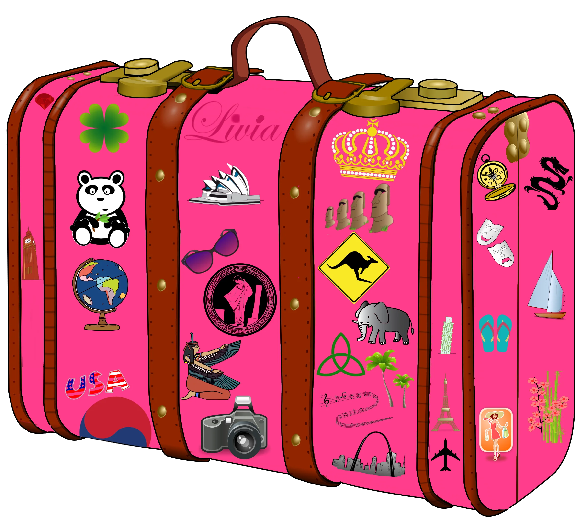Adventurous Pink Travel Suitcase Clipart with Global Destination Stickers