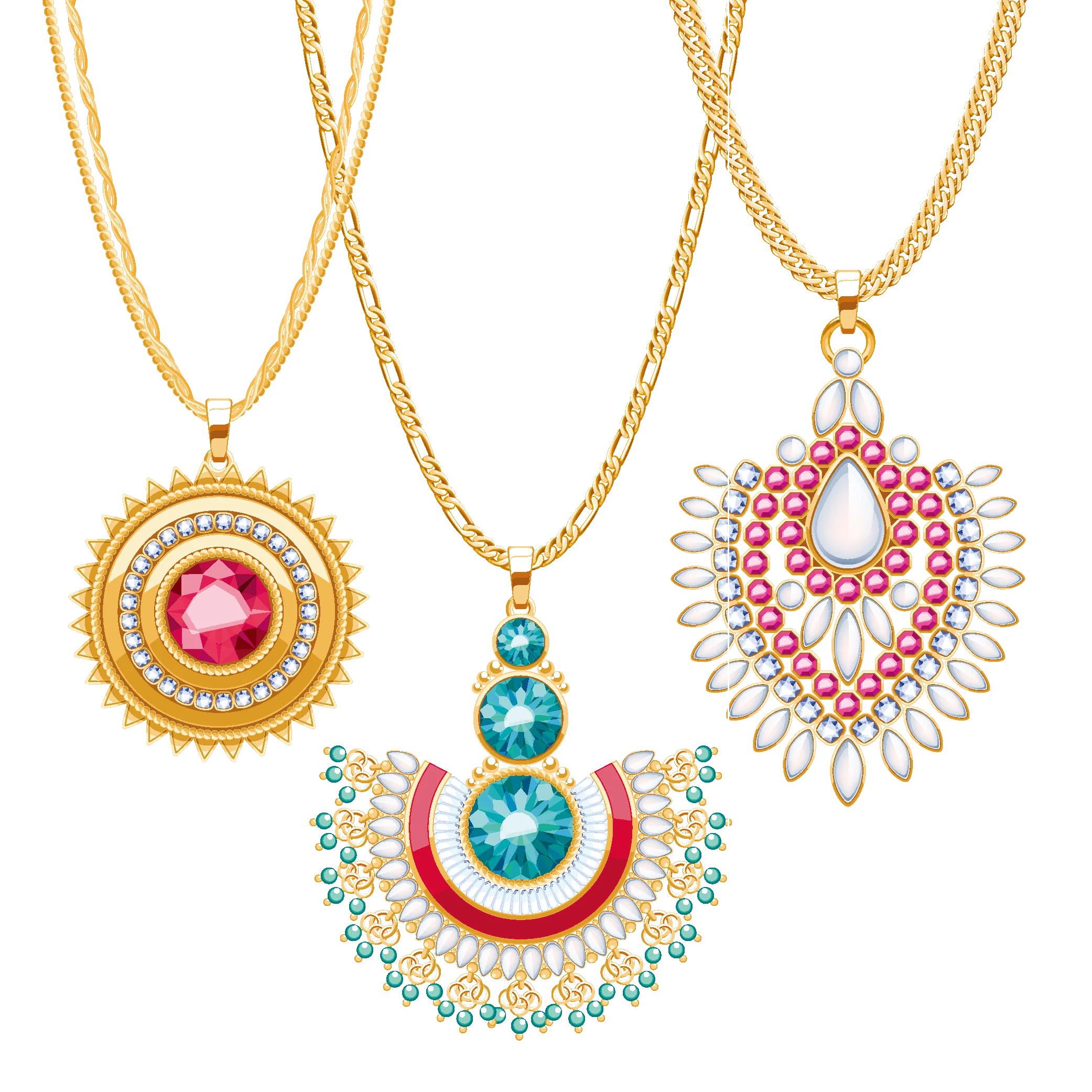 Elegant Gold Chain Pendants with Colorful Gemstone Medallion Clipart Collection