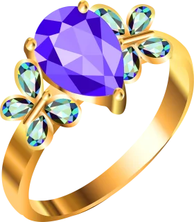 Elegant Gold Ring Clipart with Purple Gemstone and Butterfly Wing Accents