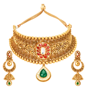Exquisite Antique Gold Bridal Choker Necklace Set with Gemstone Clipart Design