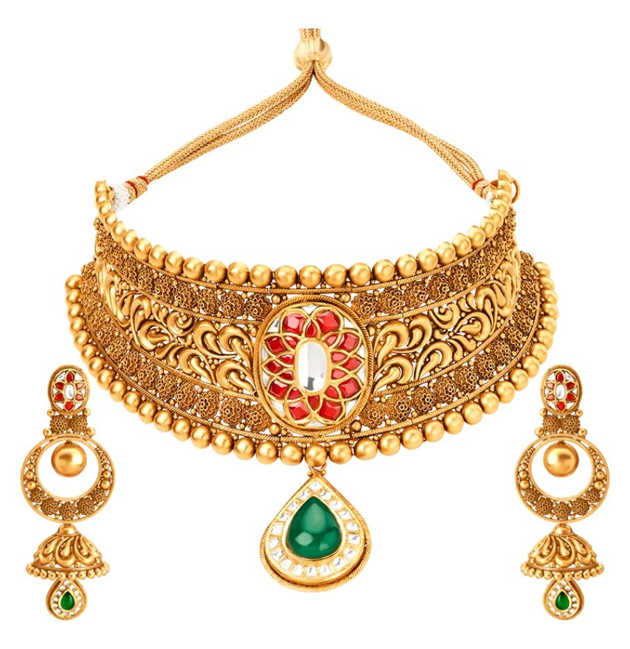 Exquisite Antique Gold Bridal Choker Necklace Set with Gemstone Clipart Design