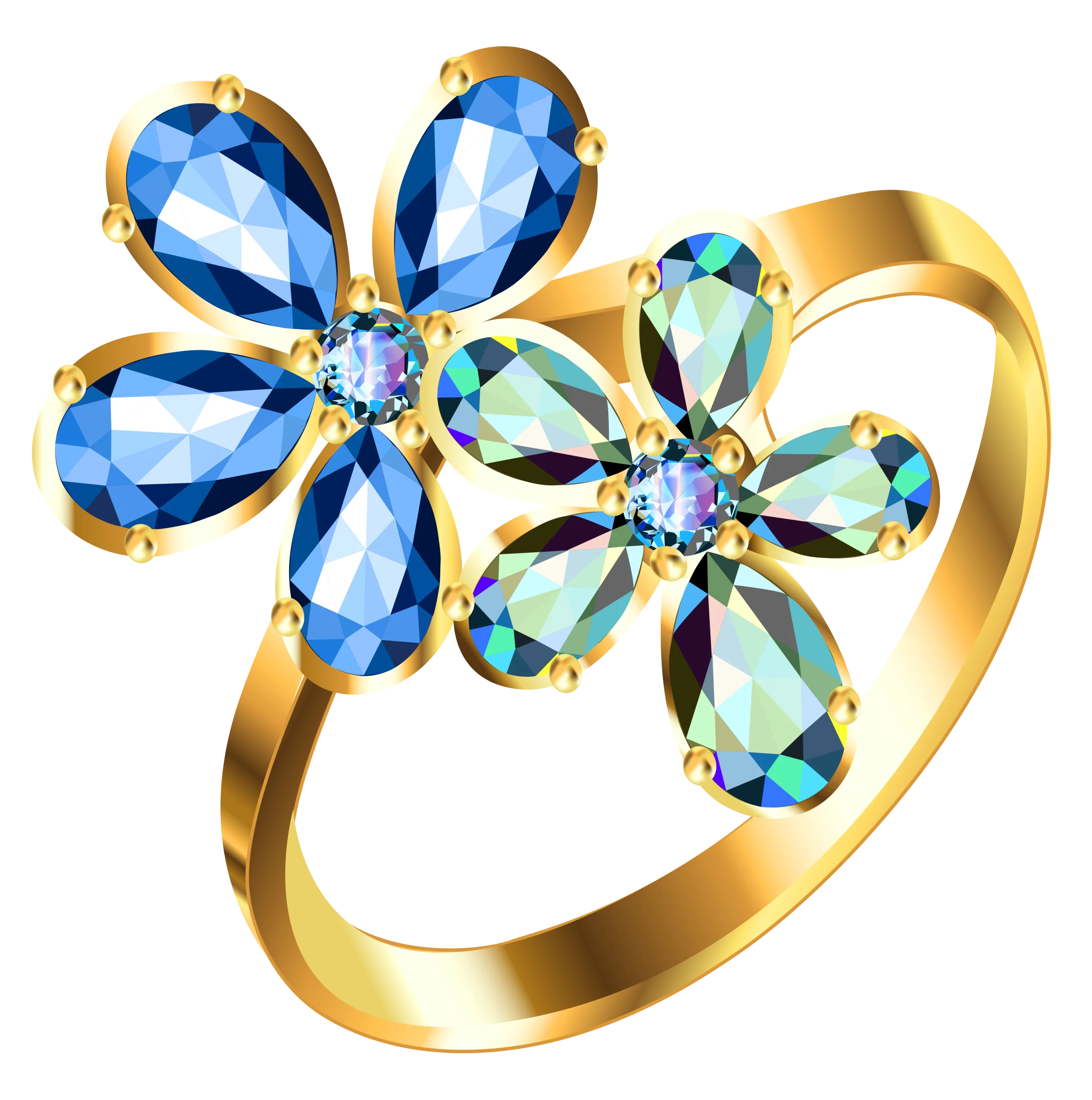 Exquisite Golden Ring with Blue and Turquoise Flower Gem Clipart Design