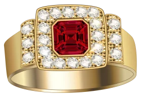 Luxurious Gold Ring Clipart with Emerald-Cut Red Gemstone and Diamond Halo