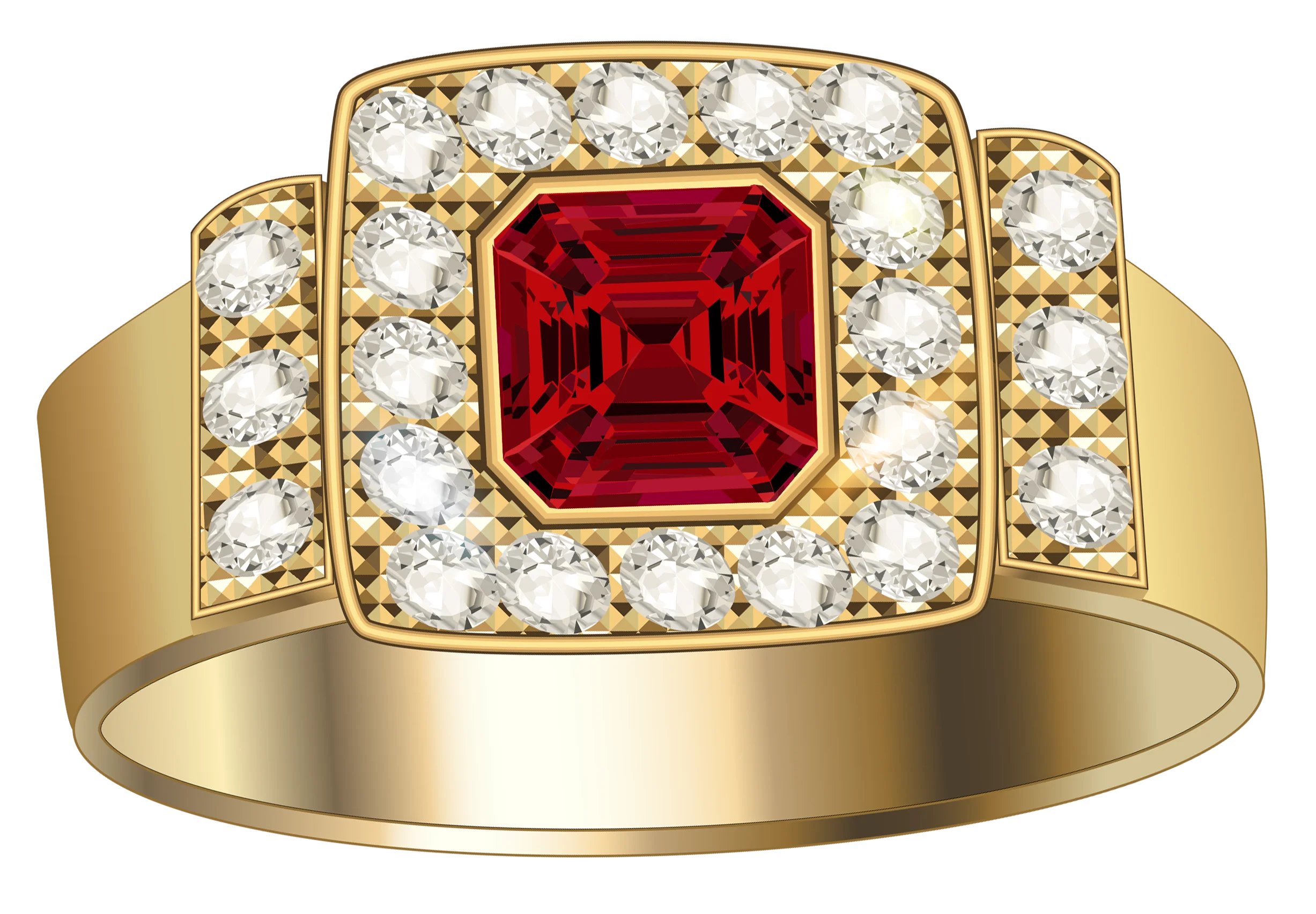 Luxurious Gold Ring Clipart with Emerald-Cut Red Gemstone and Diamond Halo