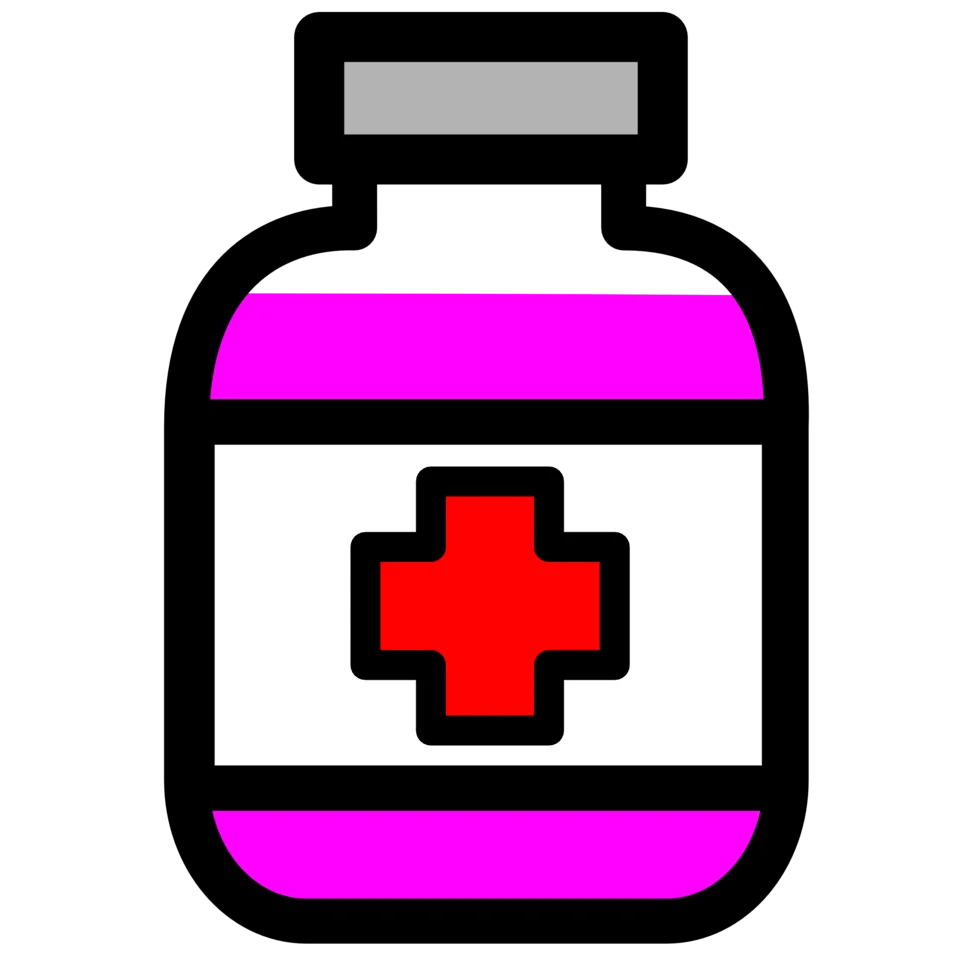 Medical Pill Bottle Clipart Icon with Red Cross Symbol in Bold Color Palette