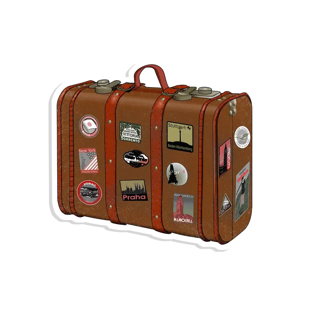 Vintage Leather Suitcase with Nostalgic Travel Stickers Clipart Illustration