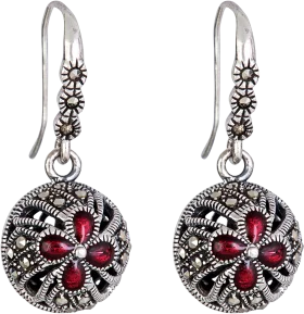Vintage Marcasite and Garnet Round Dangle Earrings Elegant Jewelry Clipart Design