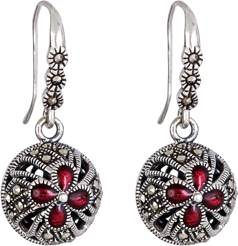 Vintage Marcasite and Garnet Round Dangle Earrings Elegant Jewelry Clipart Design