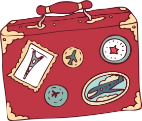 Vintage Red Travel Suitcase Clipart with Nostalgic Journey Stickers and Embellishments