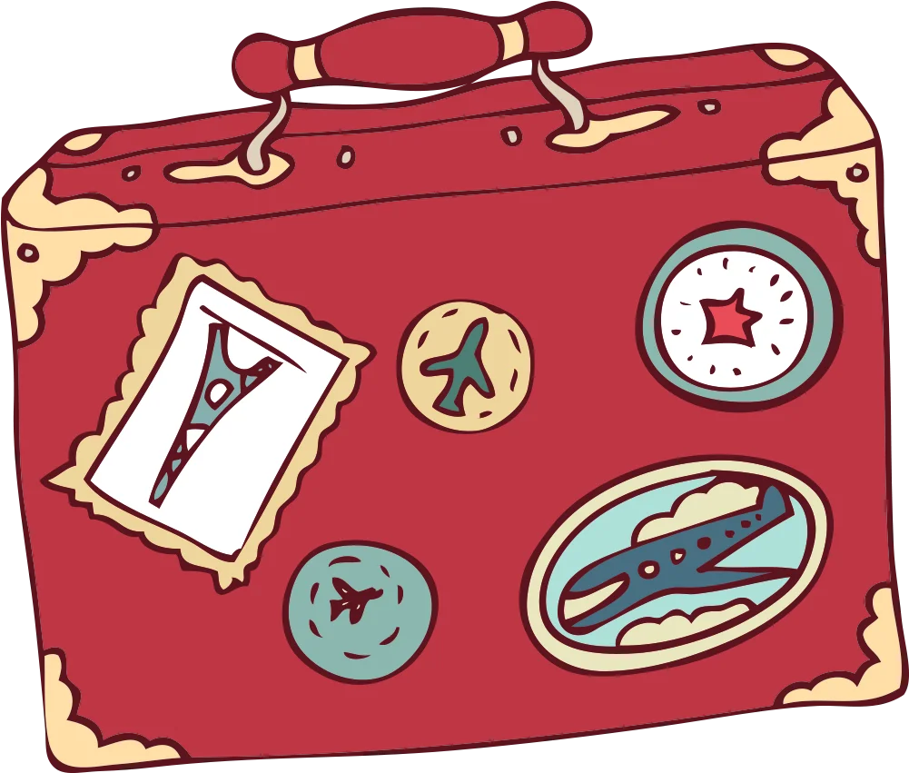 Vintage Red Travel Suitcase Clipart with Nostalgic Journey Stickers and Embellishments