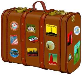 Vintage Traveler's Leather Suitcase Clipart with Colorful International Travel Stickers