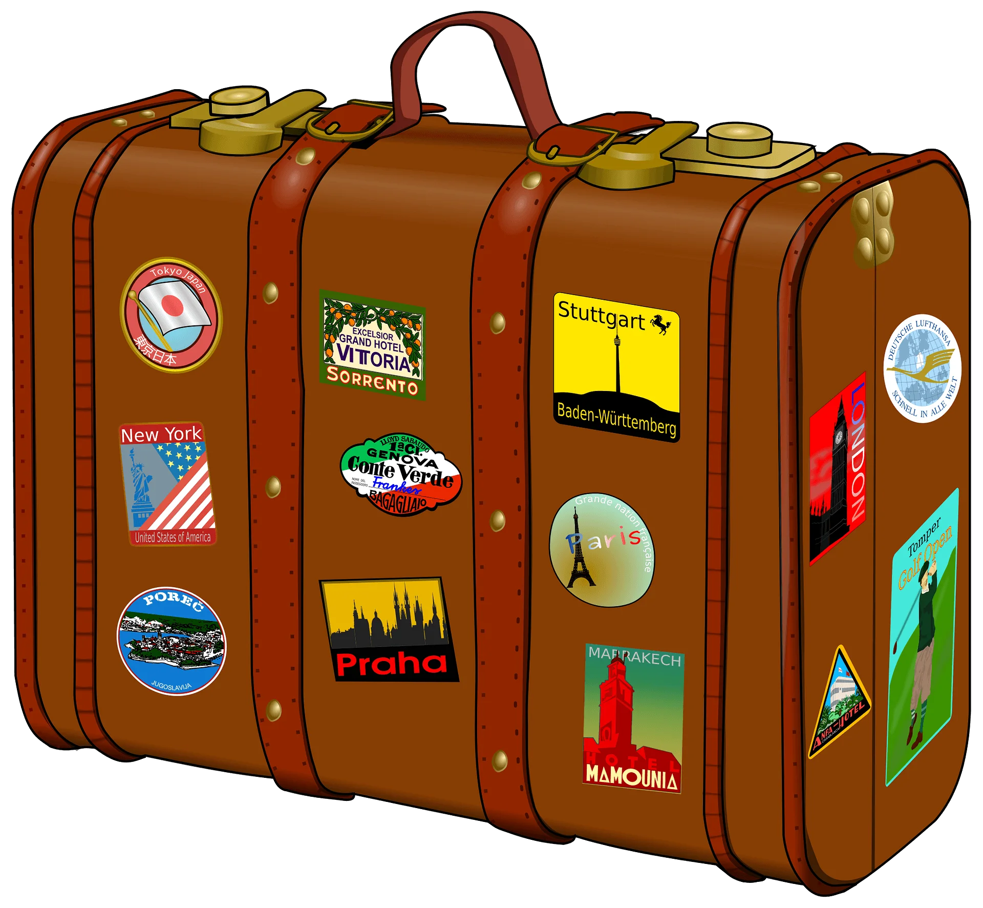 Vintage Traveler's Leather Suitcase Clipart with Colorful International Travel Stickers