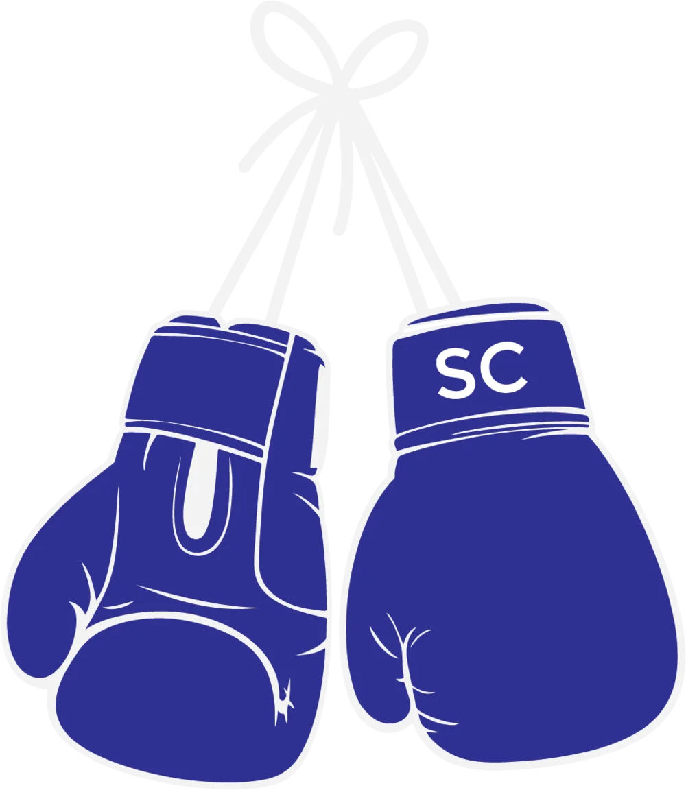 Blue Boxing Gloves Clipart: Sporty Design with Initials SC Hanging Illustration