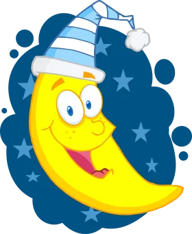 Cheerful Crescent Moon Wearing Striped Nightcap Cartoon Clipart Illustration
