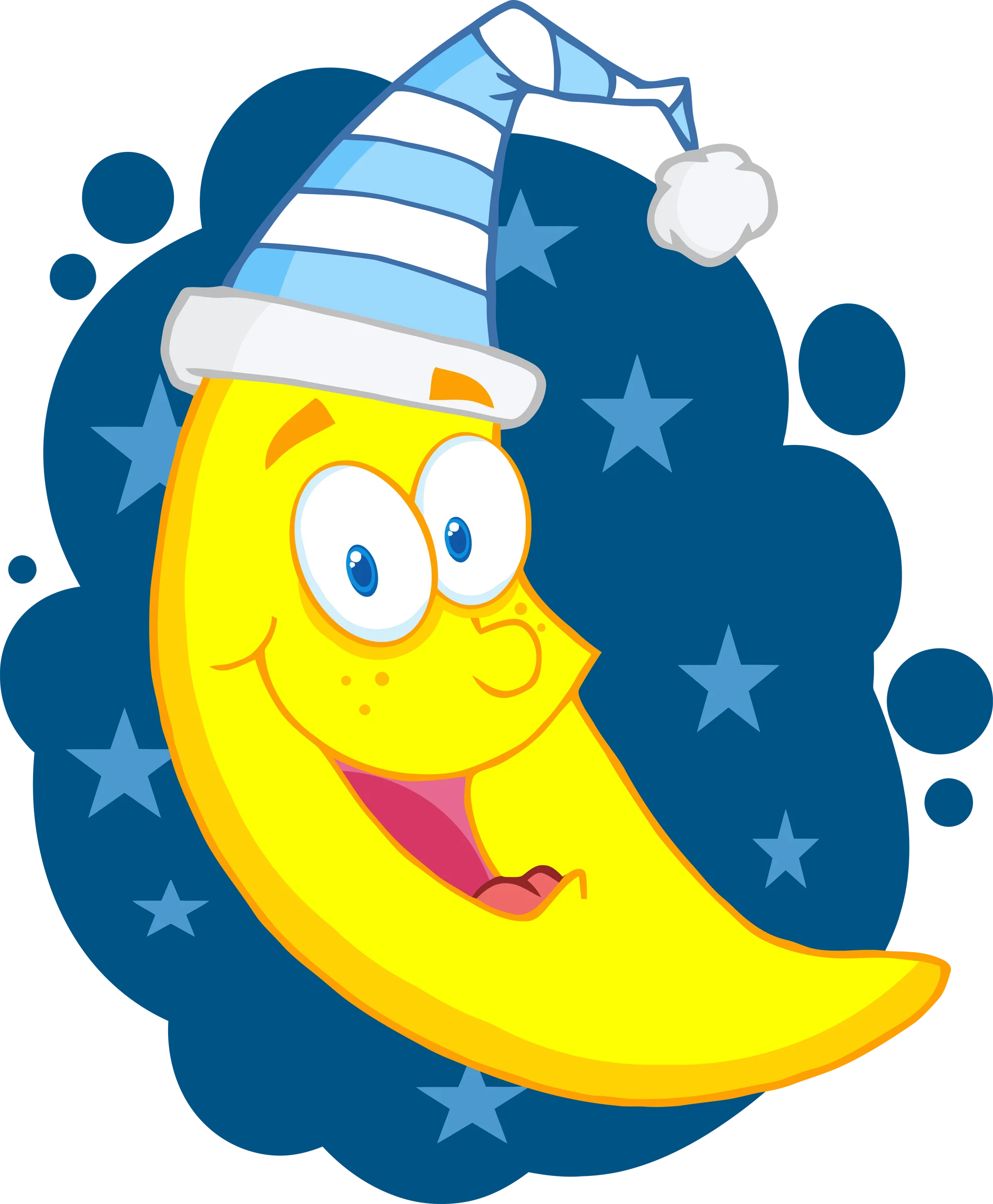 Cheerful Crescent Moon Wearing Striped Nightcap Cartoon Clipart Illustration