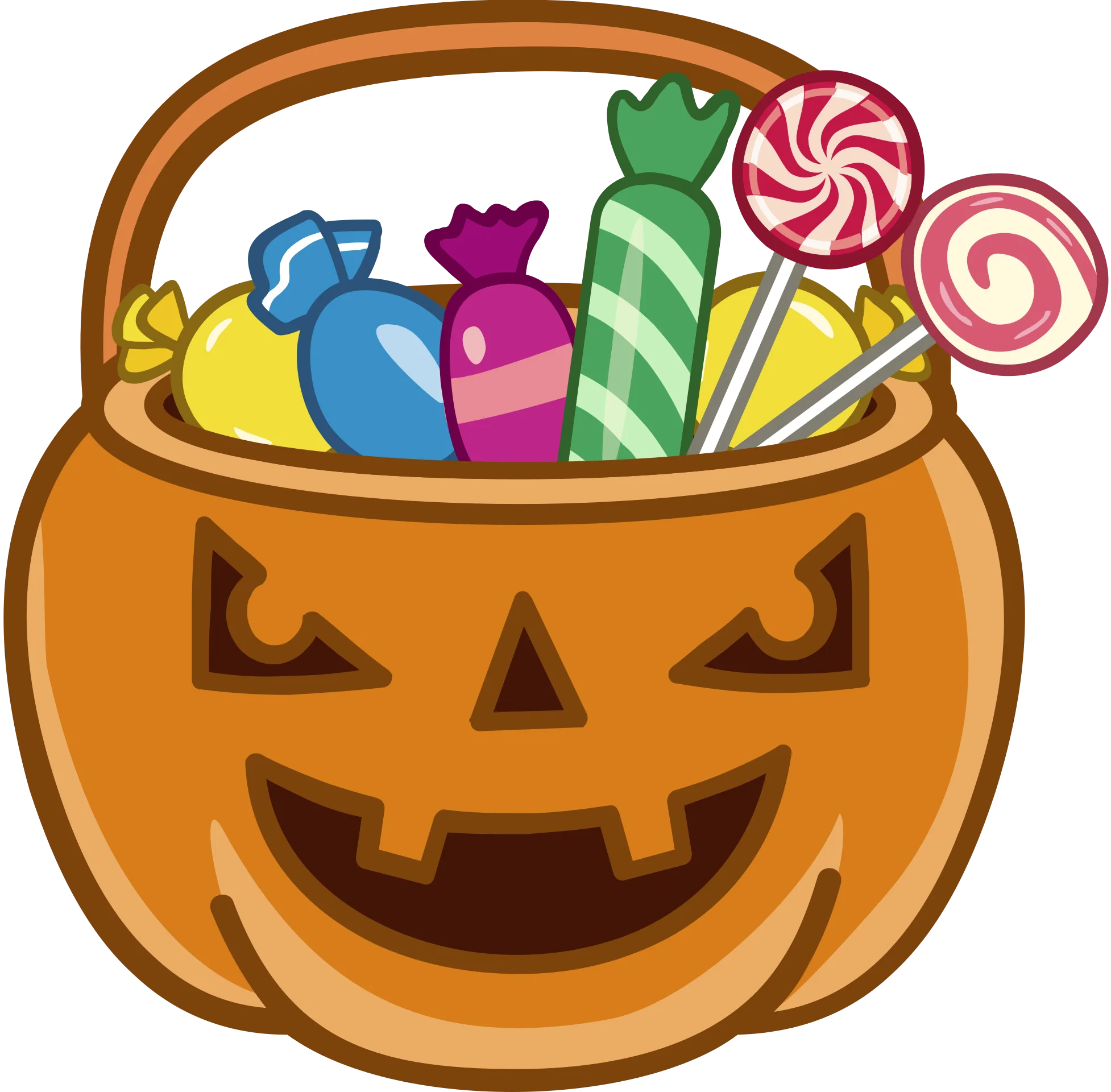 Cheerful Halloween Jack-o'-Lantern Candy Bucket Clipart with Sweet Treats