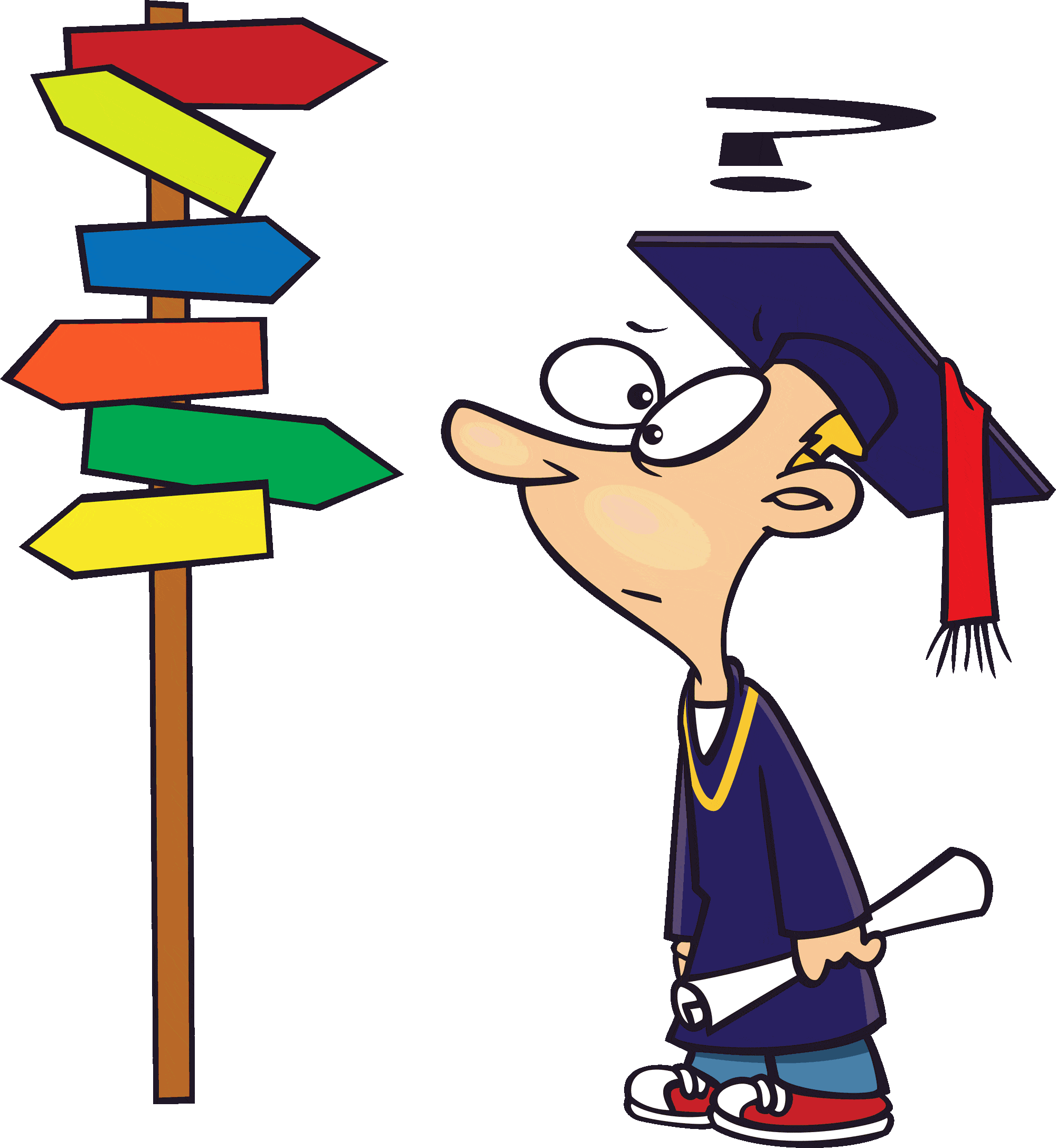Confused Graduate Choosing Path: A Humorous College Clipart Illustration