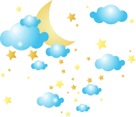 Dreamy Night Sky Celestial Clipart with Soft Blue Clouds and Twinkling Stars