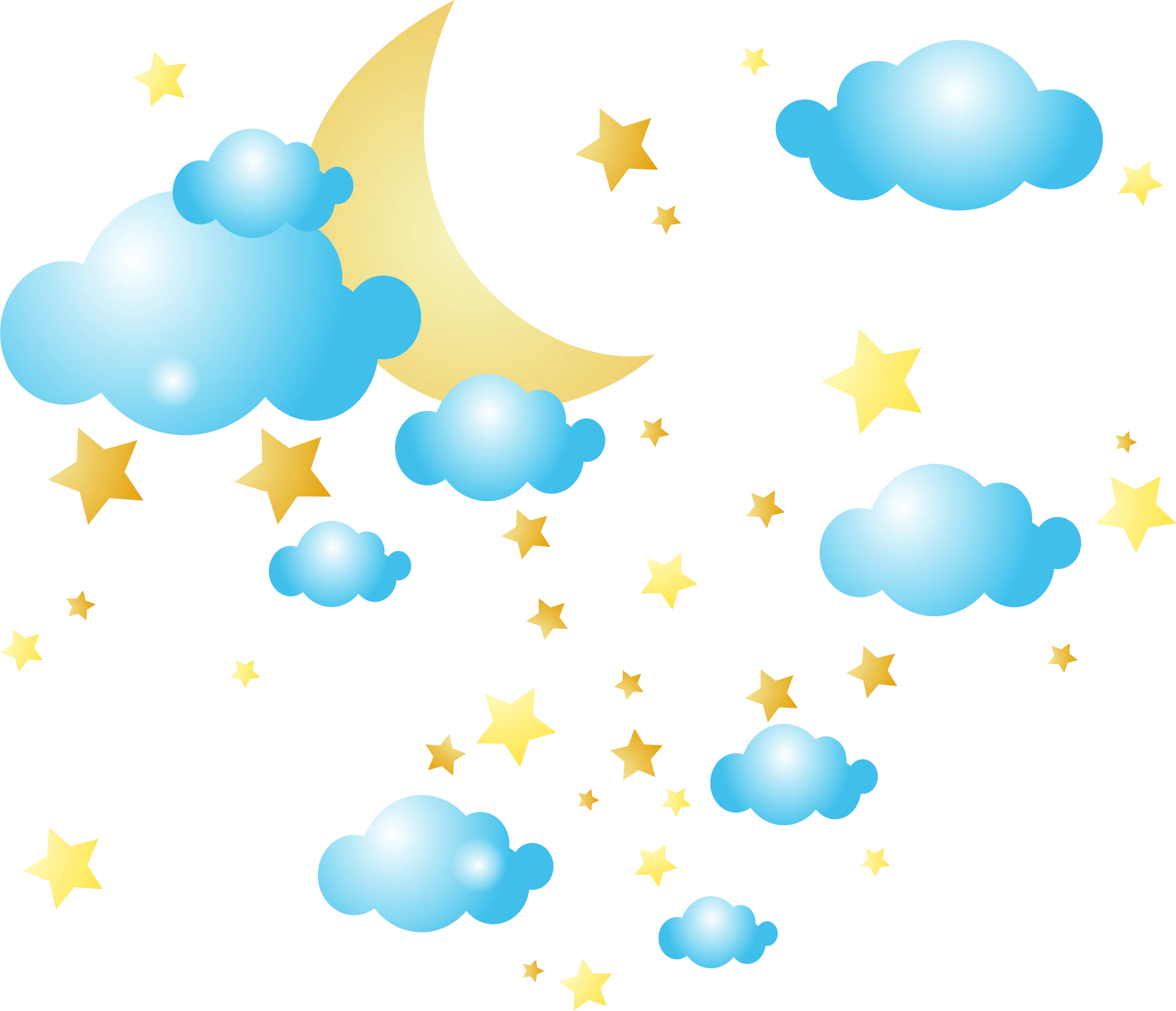 Dreamy Night Sky Celestial Clipart with Soft Blue Clouds and Twinkling Stars