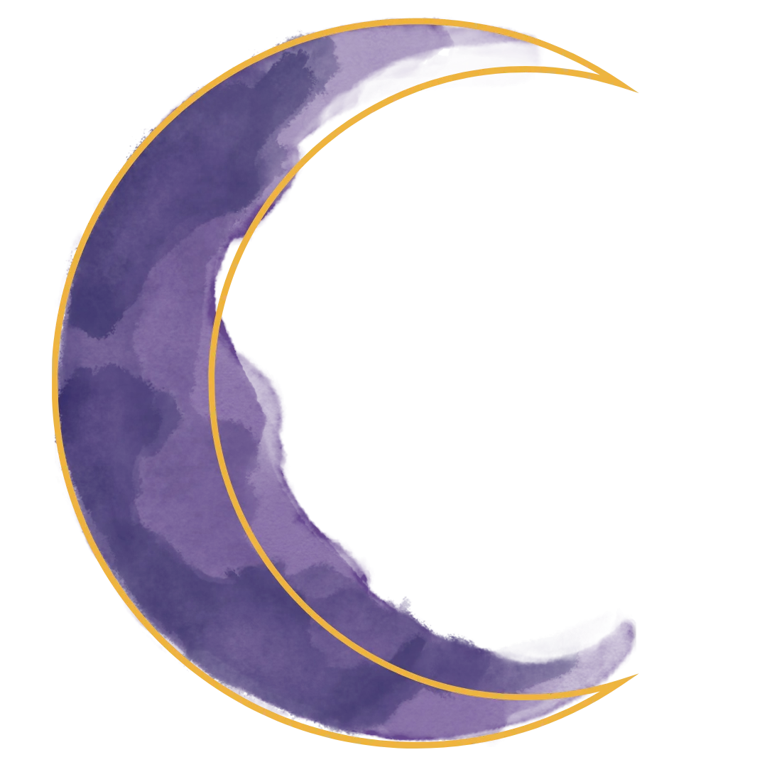 Elegant Purple Watercolor Crescent Moon Clipart with Golden Outline Design
