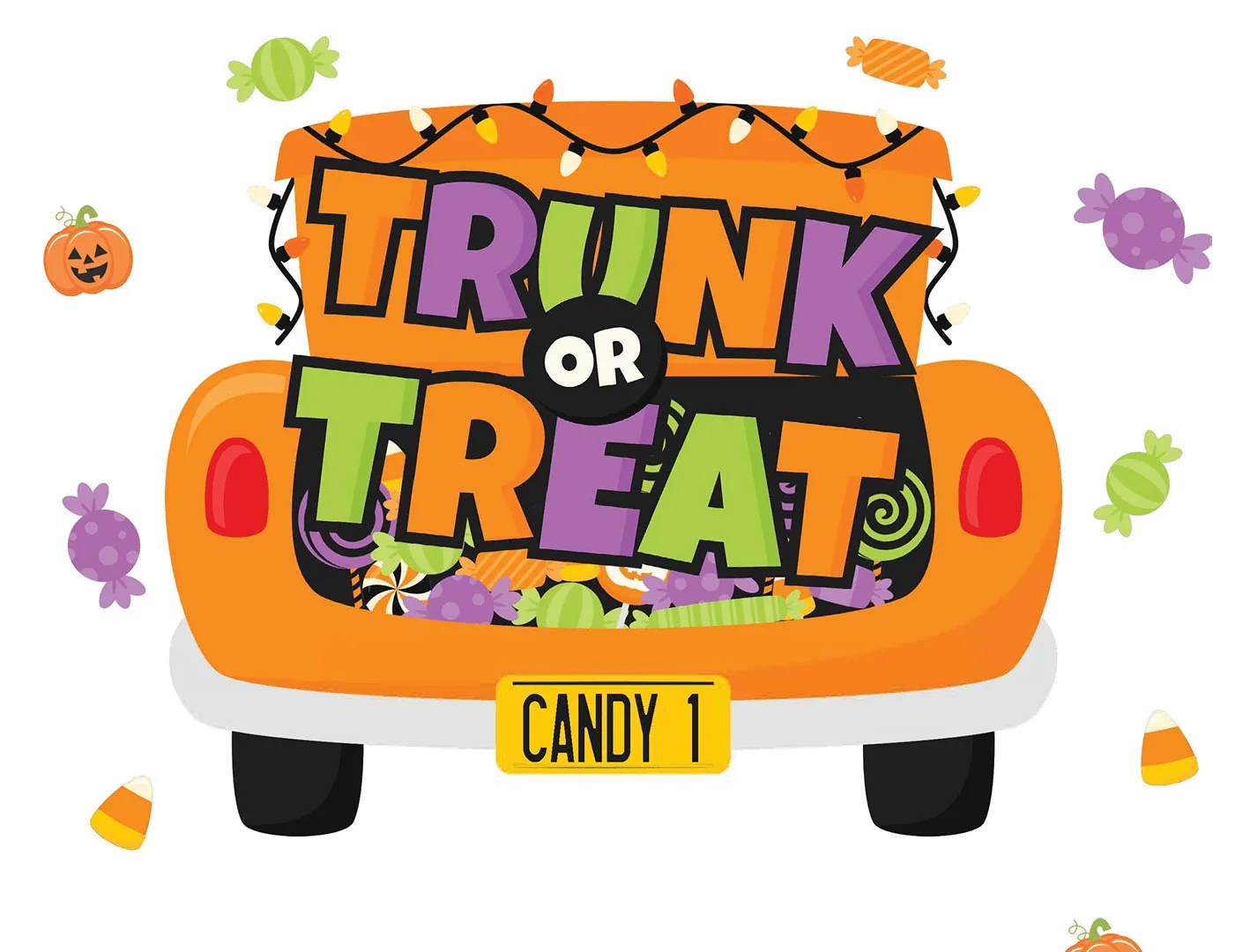 Festive Halloween Trunk or Treat Clipart with Candy and Playful Typography