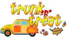 Festive Trunk or Treat Clipart: Colorful Vintage Car with Autumn Leaves