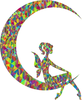 Geometric Mosaic Lunar Fairy Silhouette Clipart: Whimsical Crescent Moon Design