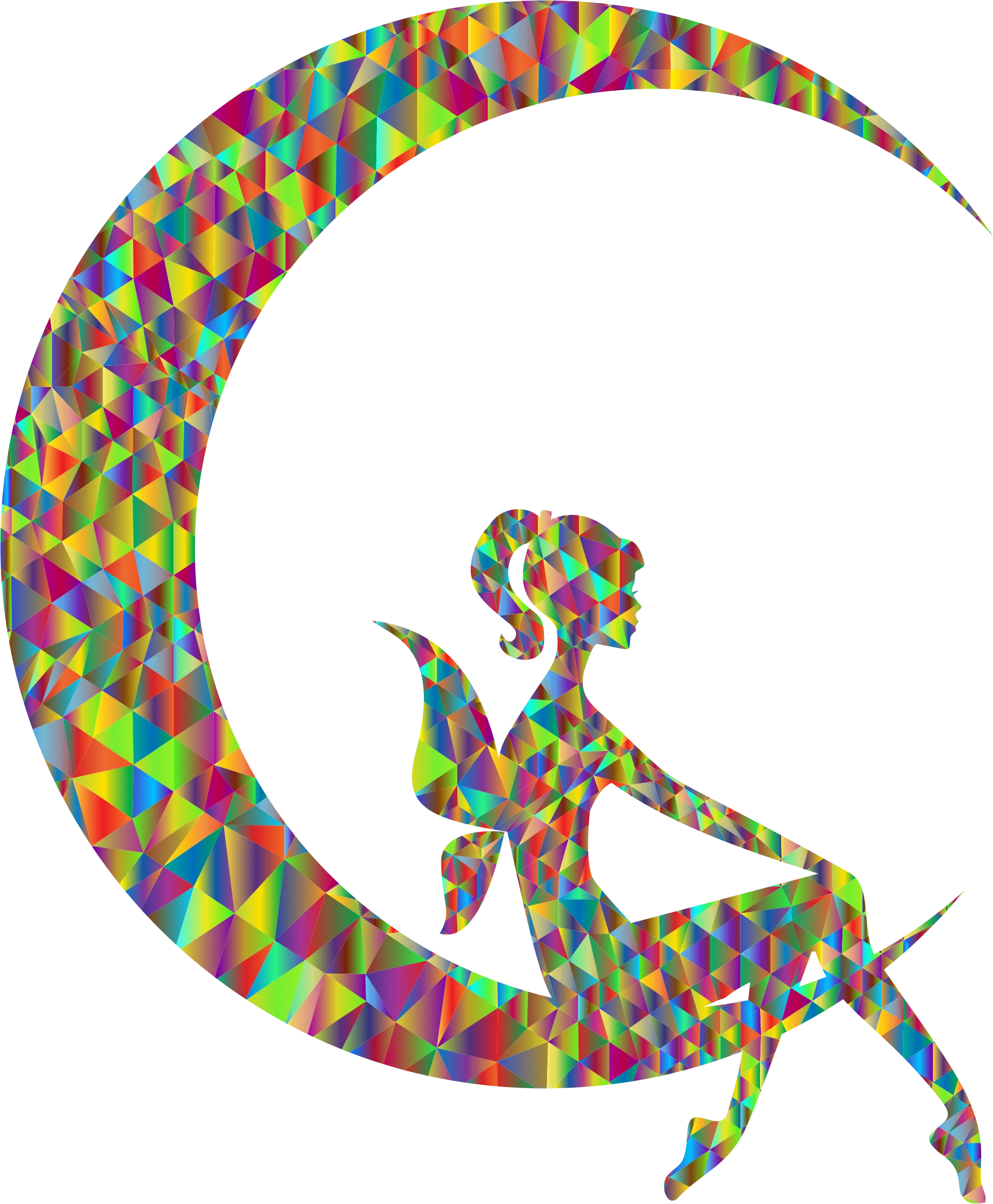 Geometric Mosaic Lunar Fairy Silhouette Clipart: Whimsical Crescent Moon Design