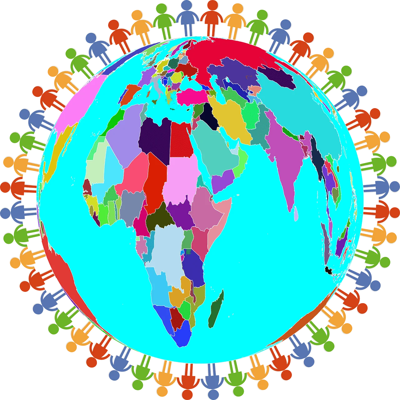 Global Unity Diversity Clipart: Colorful Human Figures Embracing World Map