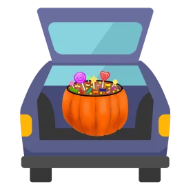 Halloween Trunk or Treat Clipart: Festive Jack-o'-Lantern Basket in Car Trunk