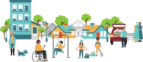 Inclusive Neighborhood Community Clipart: Diverse People and Urban Landscape