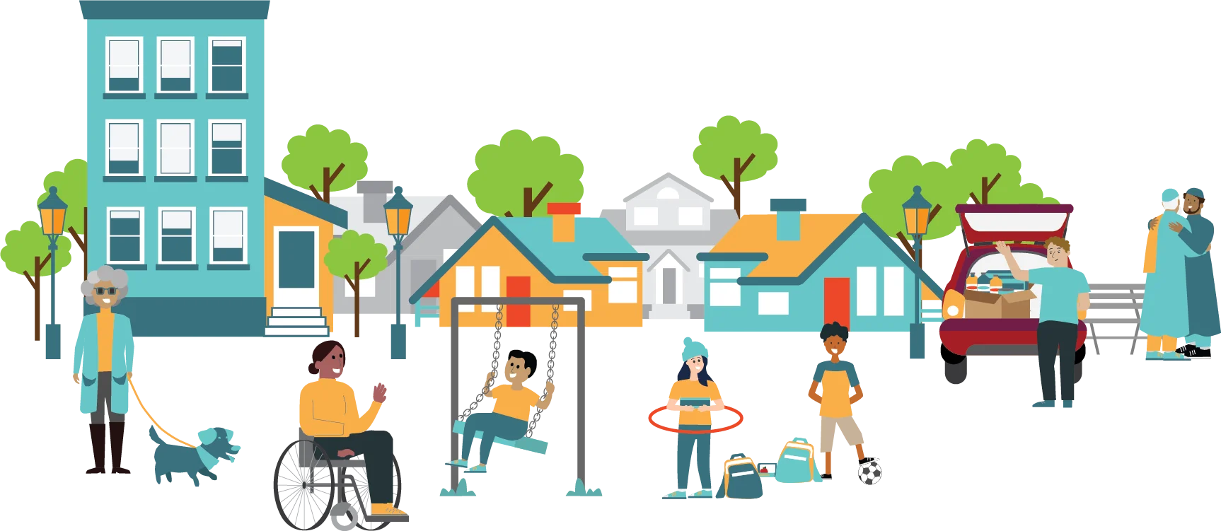 Inclusive Neighborhood Community Clipart: Diverse People and Urban Landscape