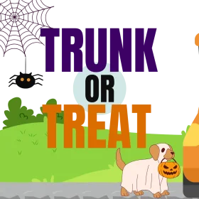 Playful Halloween Trunk or Treat Clipart with Adorable Puppy and Spider