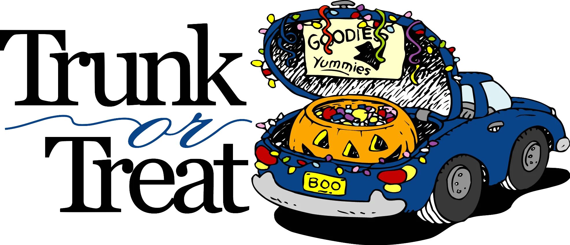 Playful Trunk or Treat Halloween Clipart with Festive Blue Car and Pumpkin Design