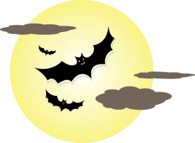 Spooky Halloween Night Scene with Bats Flying Around Full Moon Clipart Illustration