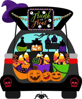 Spooky Halloween Trunk or Treat Clipart with Adorable Cartoon Pumpkins and Characters