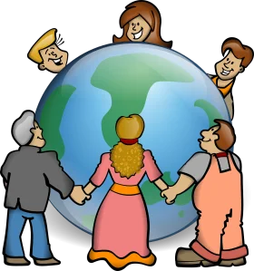 Unity and Global Cooperation: Diverse People Holding Hands Around Earth Clipart