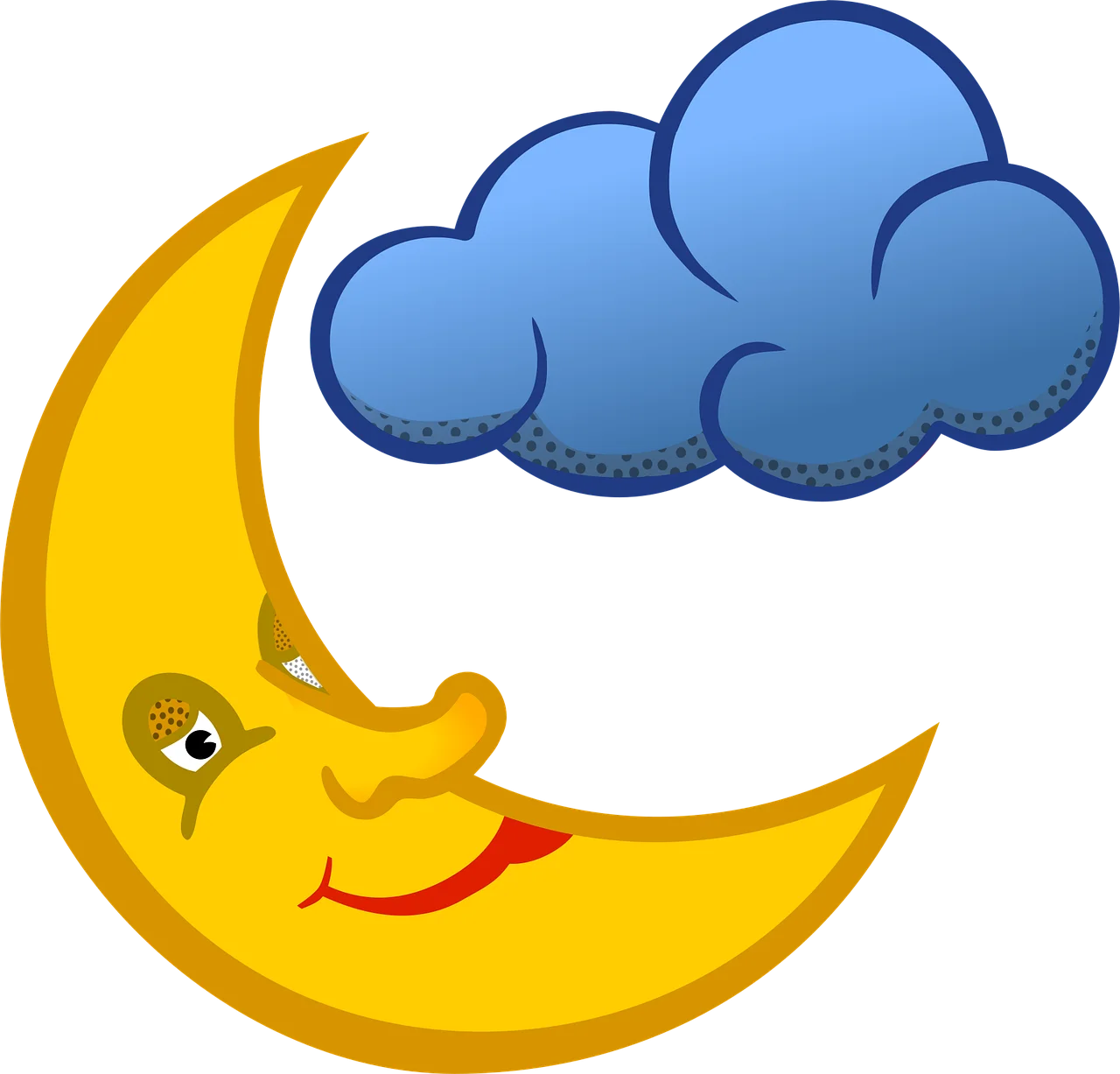 Whimsical Cartoon Crescent Moon and Fluffy Cloud Clipart Illustration