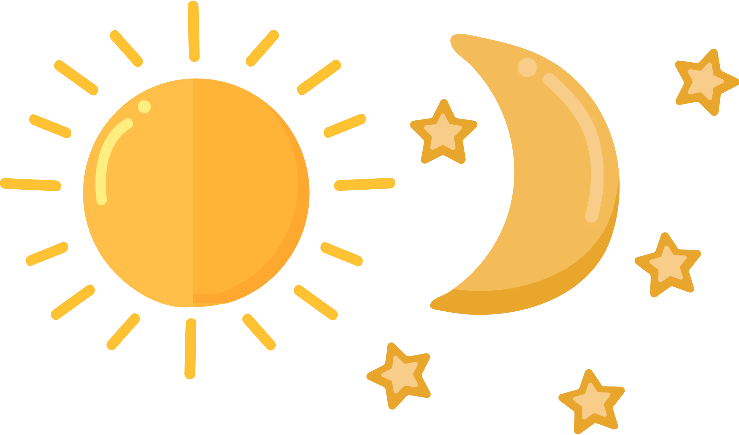 Whimsical Celestial Clipart: Radiant Sun, Crescent Moon, and Twinkling Stars Design