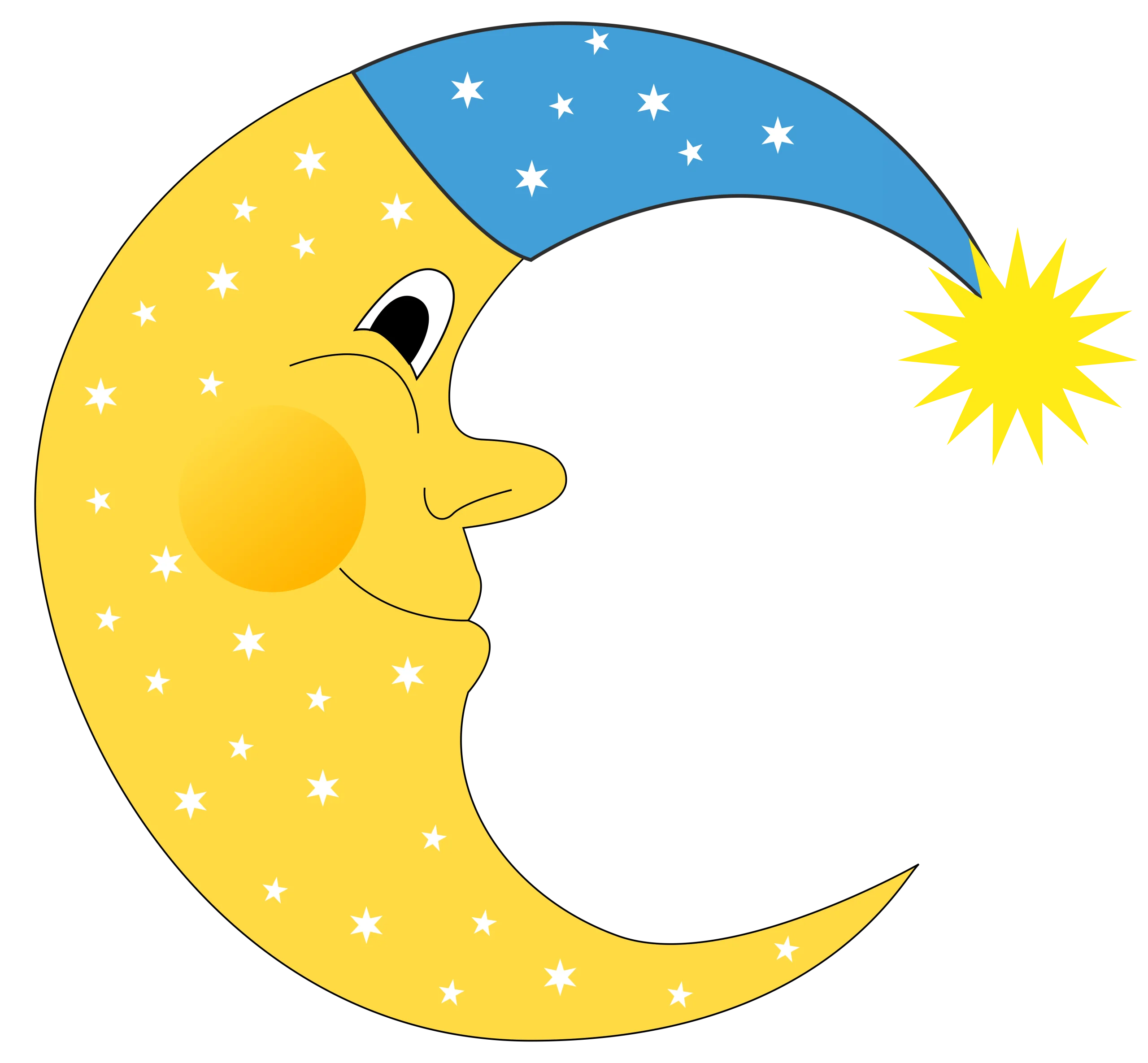 Whimsical Crescent Moon Clipart with Cheerful Facial Expression and Starry Night Design