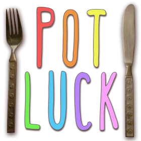 Colorful Playful Potluck Clipart with Whimsical Typography and Utensils
