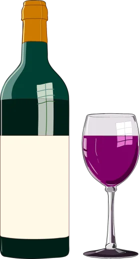 Elegant Dark Green Wine Bottle and Purple Wine Glass Clipart Illustration