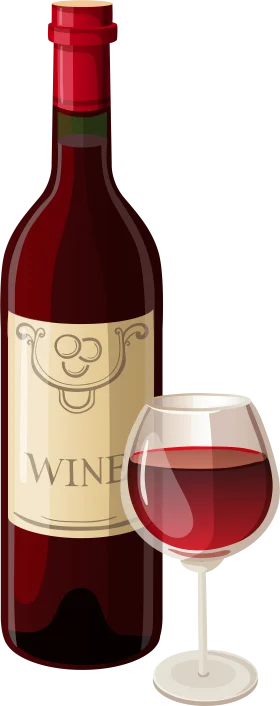 Elegant Red Wine Bottle and Filled Wine Glass Artistic Clipart Illustration