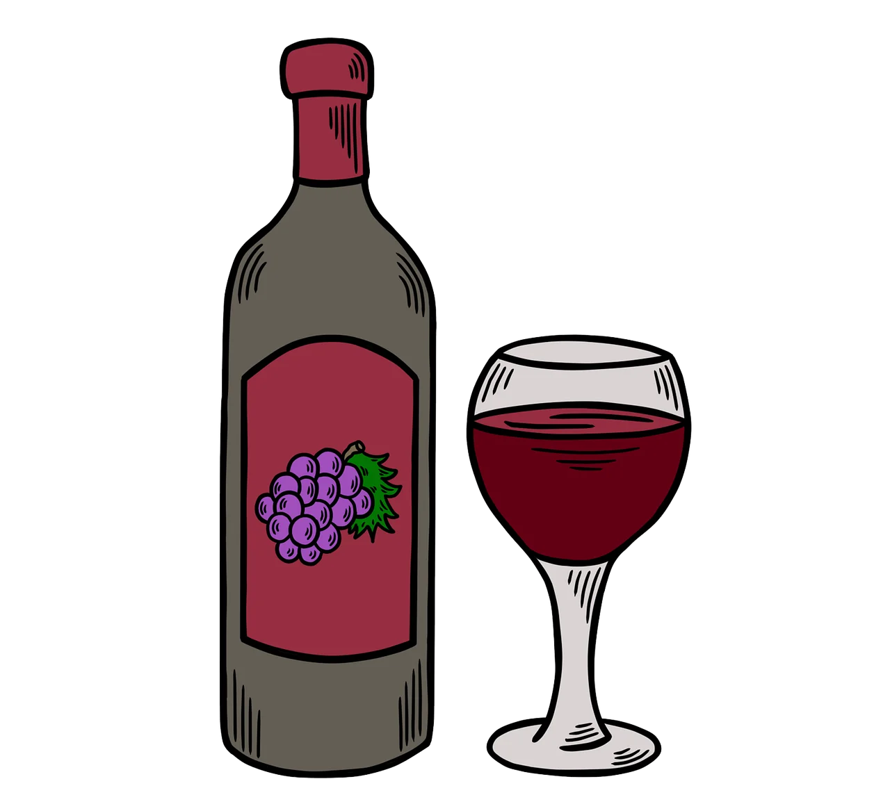 Elegant Red Wine Bottle and Glass Clipart Illustration for Culinary Designs