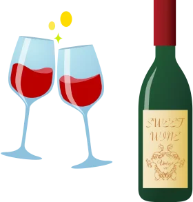 Elegant Wine Celebration Clipart: Toasting Glasses and Vintage Bottle Illustration