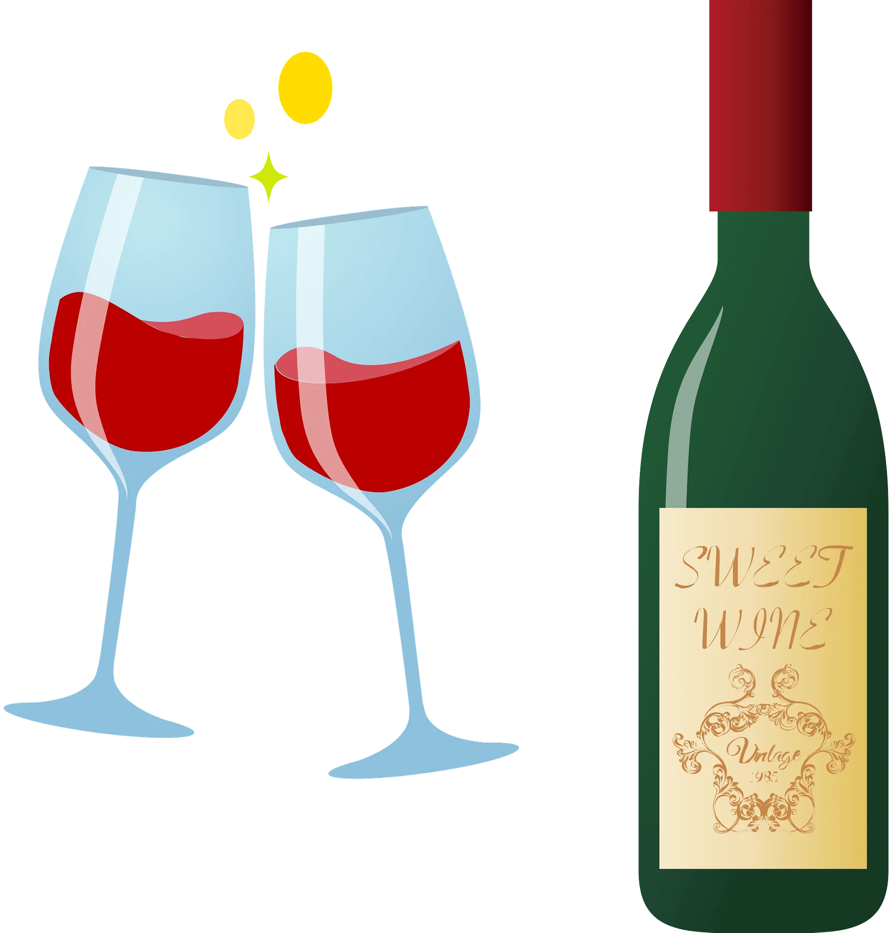 Elegant Wine Celebration Clipart: Toasting Glasses and Vintage Bottle Illustration