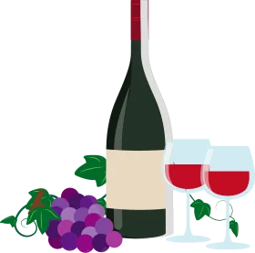 Elegant Wine Composition Clipart: Bottle, Glasses, and Grapes in Artistic Harmony