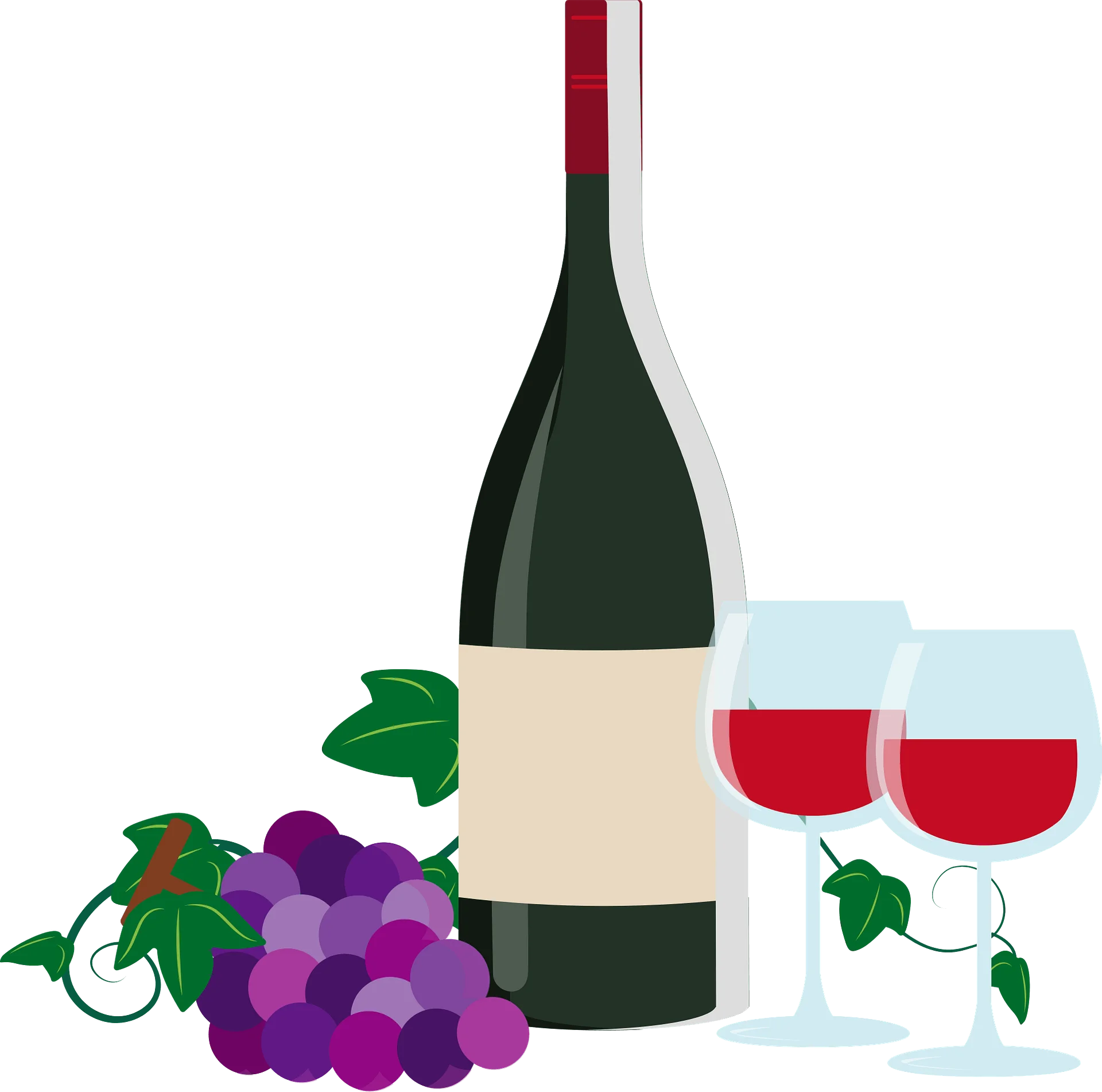 Elegant Wine Composition Clipart: Bottle, Glasses, and Grapes in Artistic Harmony